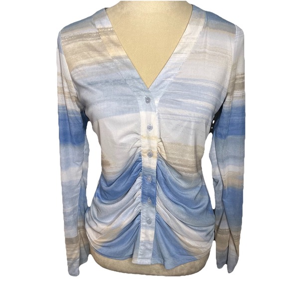Halogen Tops - Halogen Women's Ombre Ruched Mesh Button Up Top, Blue/Tan S Y2K Retro